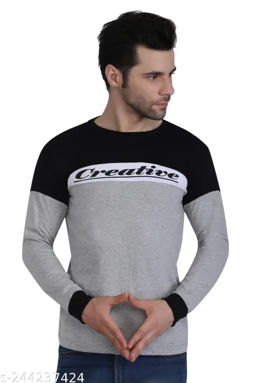 Cotton blend round neck t-shirt, long sleeves, printed pattern, comfortable and breathable, men's fashion, India origin