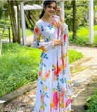 Pink Georgette gown with floral print, long sleeves, and round neck - Indian wedding and formal attire for women