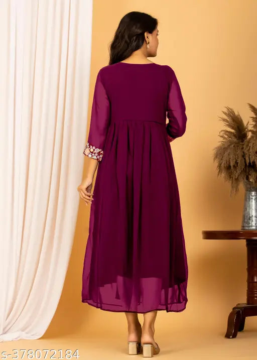 Georgette embroidered Alia cut kurti for women, three-quarter sleeves, Indian handcrafted fashion
