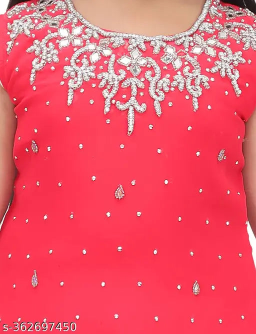 Red Georgette Patiyala Salwar Kurti Set for Girls - Embellished ethnic wear with mirror and stone work