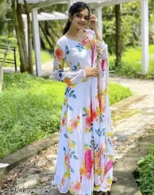 Floral print Georgette long kurti with dupatta, trendy women's gown, Indian festive wear, printed net georgette sleeves