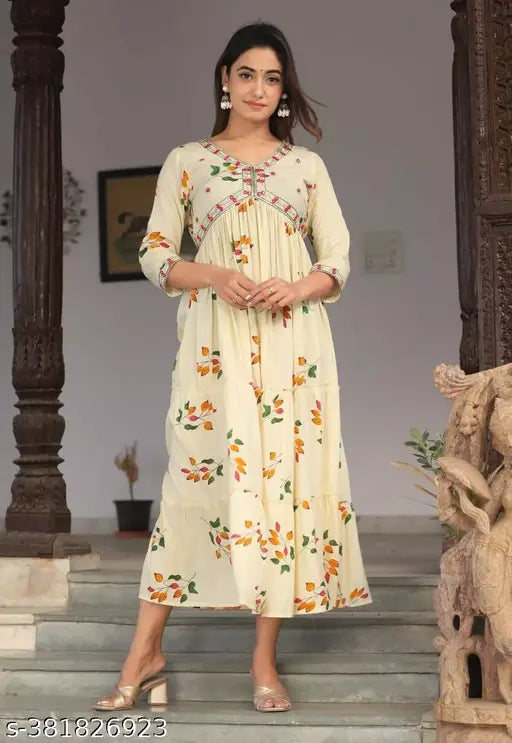 Rayon anarkali printed kurta for women and girls, vibrant Indian fashion with three-quarter sleeves