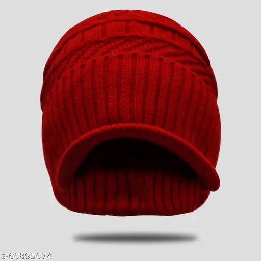 Red knit winter beanie, soft fur lining