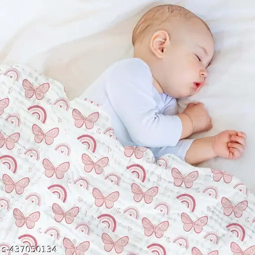 100% Cotton muslin swaddle with pink butterflies, newborn baby sleep sack.