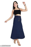 Long, dark blue denim skirt with 5 buttons and dotted pattern on waistband