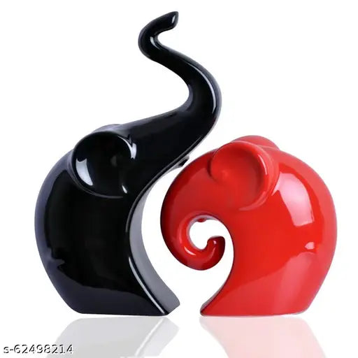 Red Black Elephant Couple Ceramic Figures Set - Decorative Home Dcor Lucky Charm Table Top Showpieces