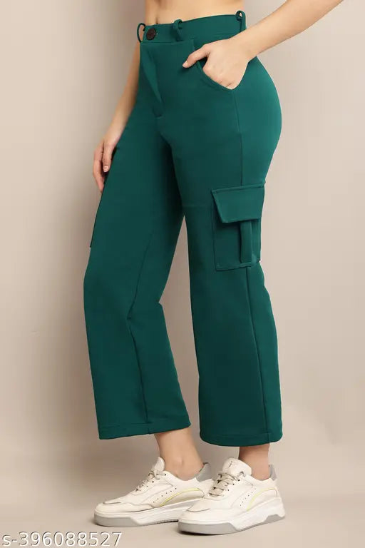 Olive green cargo pants with adjustable straps and pockets, suitable for casual wear
