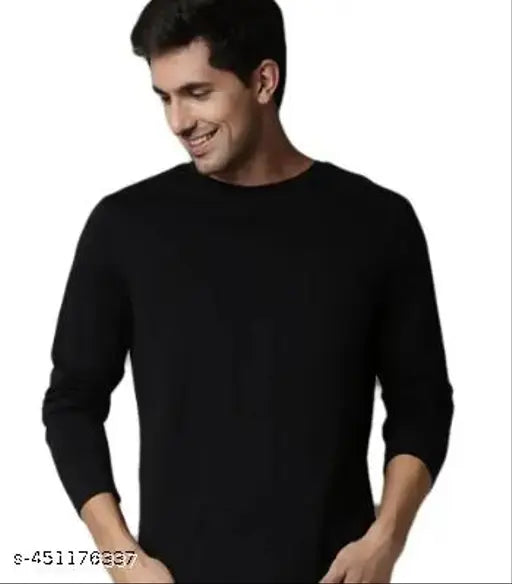 Black 100 cotton round neck FS t-shirt, long sleeves, man wearing.