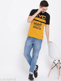 Austin Wood Men's yellow cotton blend short sleeved round neck t-shirt with half printed design, size XXL (Chest 46 in, Length 18 in), made in India