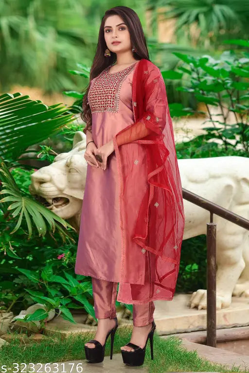 Art Silk embroidered kurta set with pant and dupatta, three-quarter sleeves, solid pattern, round neck, side slit. Indian silk blend fabric for comfortable party wear. Sizes available: S, M, L, XL, 2XL, 3XL. 1 set includes 1 kurta, 1 pant, 1 dupatta