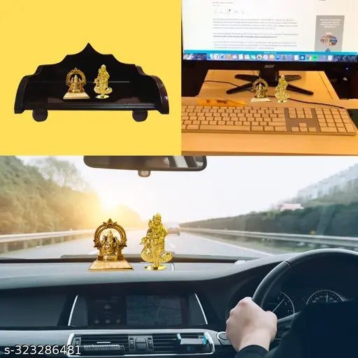 Metal Leo Traders Ganesha and Murugan statues, gold-toned, office desk or car dashboard decor, intricately detailed, Vastu-friendly, ideal for gifting on special occasions, Indian origin