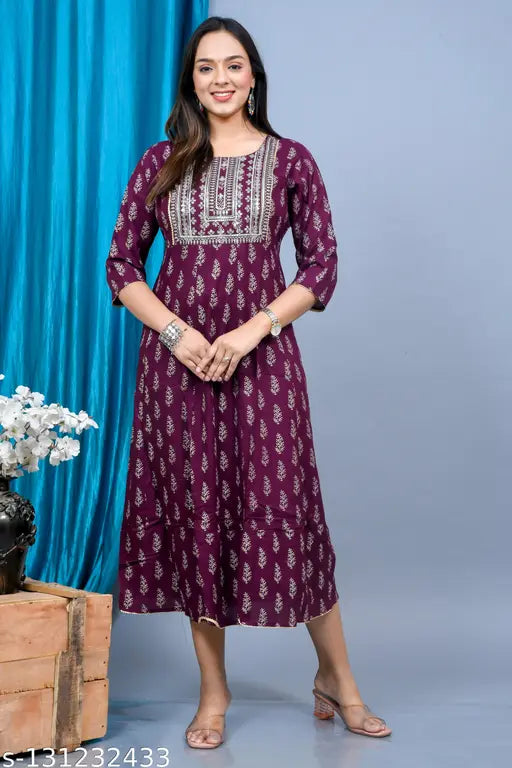 Rayon Anarkali embroidered printed kurti, three-quarter sleeves, single color, Indian traditional outfit for women