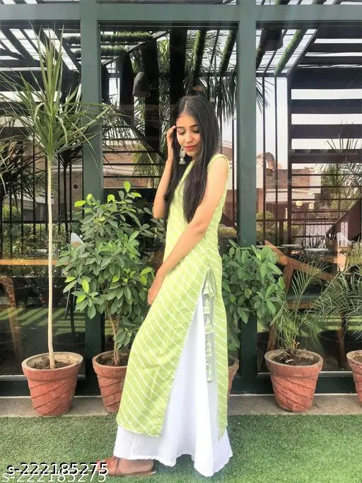 Designer stitched green cotton Leheriya kurta set with palazzos, intricate gota work, sleeveless, India