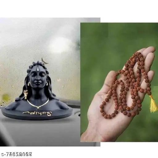 Black Adhiyogi Shiva Idol for car dashboard, Indian figurine with free Rudraksha mala