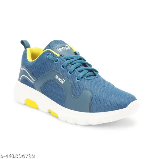 Teal blue lace shoe with white sole, brand logo on tongue of shoe