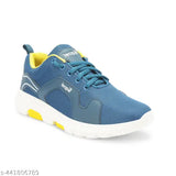 Teal blue lace shoe with white sole, brand logo on tongue of shoe