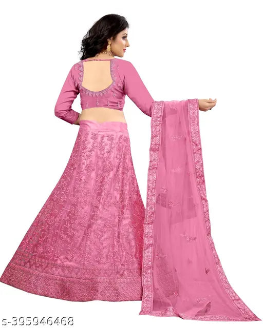 Indian Pista-coloured embroidered net lehenga, choli & dupatta set featuring zari, dori, lace, and butta work. Partywear with 2.5m flared length." (109 characters)