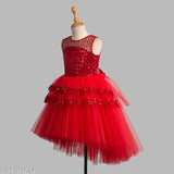 Red net high-low frock for girls party wear, embellished design, size 2-3 years, India origin