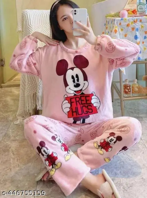 Printed Wool Pyjamas Set-105, long sleeves, floral print on free size top and bottom, winter thermal wear for women, India origin