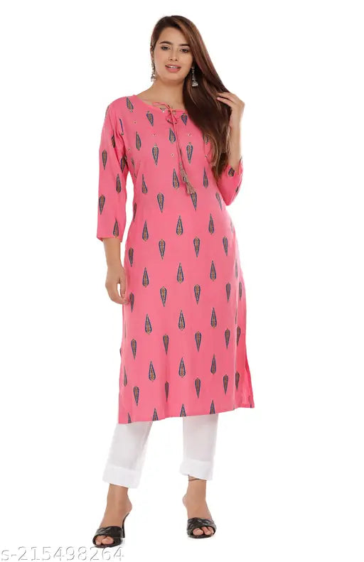 Rayon printed 3/4 sleeves classic kurti for fancy party wear under budget, vibrant Indian rayon print on fashionable evening outfit