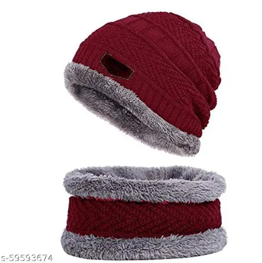 Maroon and grey knitted beanie, with fur lining, includes neck warmer set for girls or women