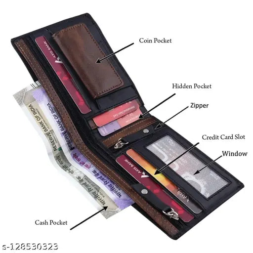 Stylish black faux leather men's card organizer with striped pattern, featuring 2 compartments for cards and currency, ideal for gifting or personal use