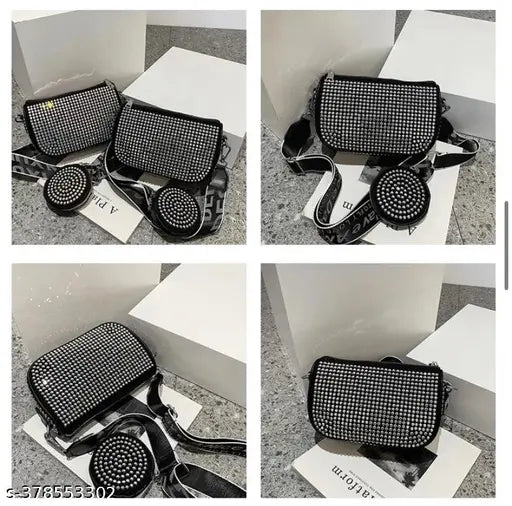 Black rhinestone decorative bag with detachable shoulder strap, crossbody and broad sling belt design, small coin purse