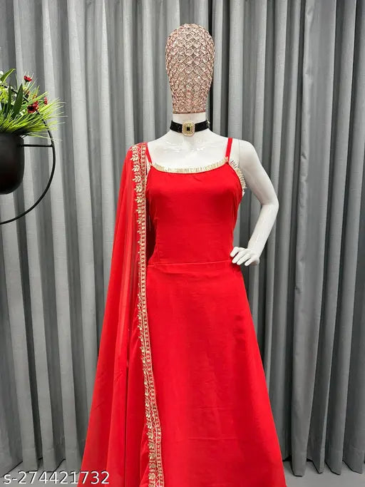 Faux Georgette Kurti Plazzo Set, single piece in solid color, sleeveless, embroidered in gorgette fabric, available in sizes S (36in), M(38), L(40), XL(42)