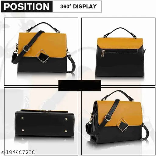 The image displays a small, dark-colored handbag with a flap closure. It features a chain strap and what appears to be a buckle or clip on the flap, which is likely used as both an ornamental detail and to secure the bag when not in use. The bag has a visible zipper around its central panel, suggesting the ability to store items inside. The material of the handbag seems to be a textured leather-like fabric, and the coloration combines shades of blue and yellow