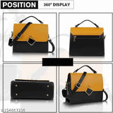 The image displays a small, dark-colored handbag with a flap closure. It features a chain strap and what appears to be a buckle or clip on the flap, which is likely used as both an ornamental detail and to secure the bag when not in use. The bag has a visible zipper around its central panel, suggesting the ability to store items inside. The material of the handbag seems to be a textured leather-like fabric, and the coloration combines shades of blue and yellow