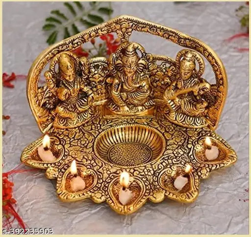 Metal Laxmi Ganesh Sarawati with Diya Set, ideal for home, temple, office, or gifting. Indian-made, 20x13x12.5 cm