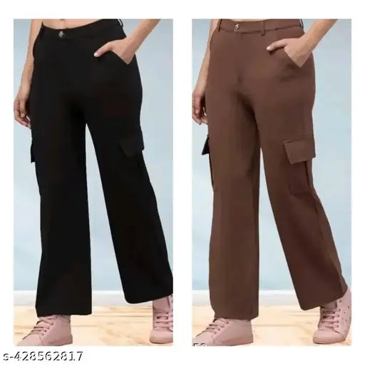 Dark brown pants with pockets, high waist, and elastic waistband
