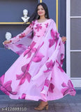 Purple Georgette Anarkali Kurta set with flower print, full sleeves, and dupatta - Indian ethnic women's fashion