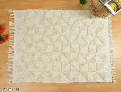 Off-white cotton geometric triangle square throw tassels, 60x50 inches for sofa handmade in India