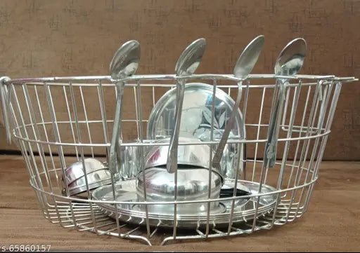 Stainless steel dish drainer, round basket with a handle and three shelves for kitchen drying