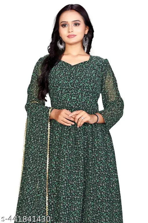 Georgette printed net long-sleeve women's gown, size S, M, L, XL, XXL - NEW SUPERHIT DESIGN Indian fashion wear on mannequin