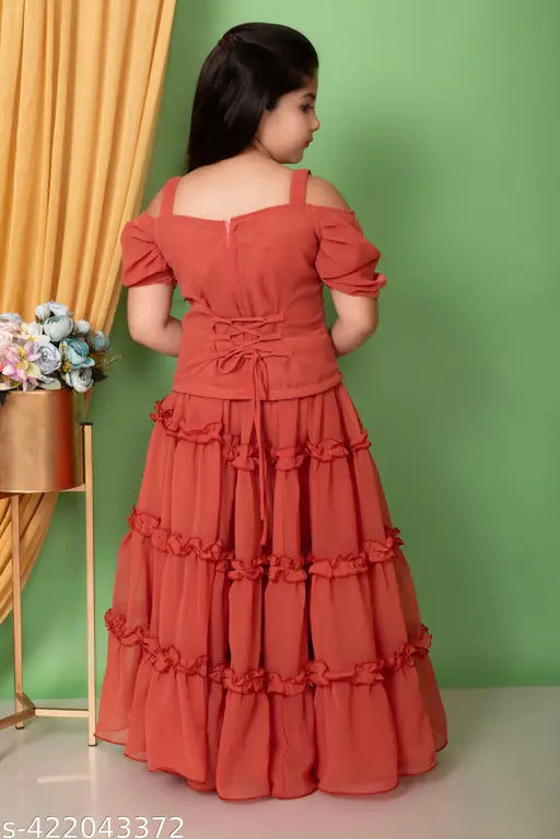Embroidered Georgette lehenga-choli set for girls, vibrant printed pattern, suitable for ages 5-13 years, Indian fashion for special occasions