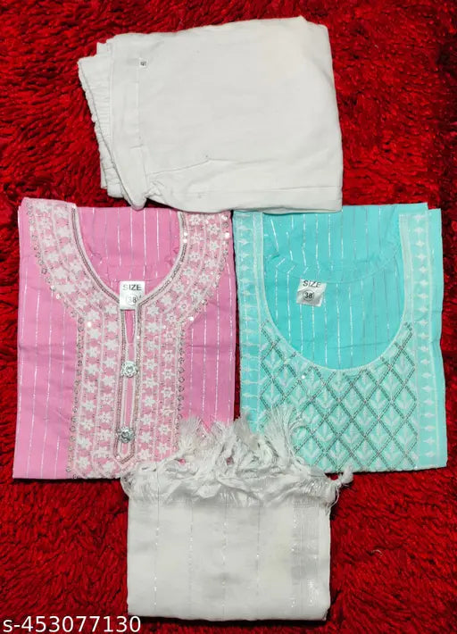 Pink, blue, and white embroidered kameez set with matching dupatta