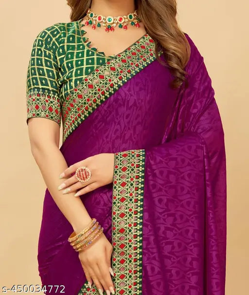Printed chiffon saree with separate brocade blouse, trending Party Wear for Diwali and festivals. Chiffon blend saree with lace border and unstitched blouse piece. Indian-origin fashion accessory