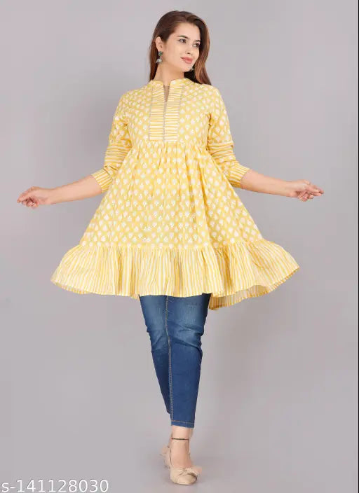 Yellow cotton Treandy tops for women, printed with net pattern on three-quarter sleeves, XL and XXL sizes, made in India