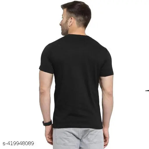 Black cotton blend men's cartoon T-shirt with regular fit, short sleeves, and printed design. Country of origin: India" (108 characters)