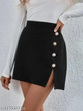 Black textured polyester midi skirt, formal ruching with buttons, pull-on style for meetings or casual events