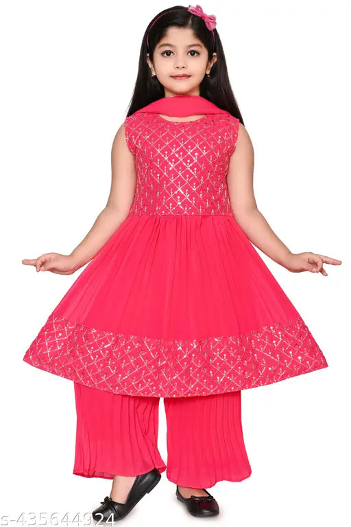 Embellished Chiffon Kurta Set with Dupatta for Kids (5-10 years), Bollywood-inspired Indian fashion