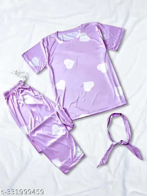 Heart print night suit set (t-shirt, pajama, shorts), soft silk fabric, luxury sleepwear with drawstring elastic waistband, India
