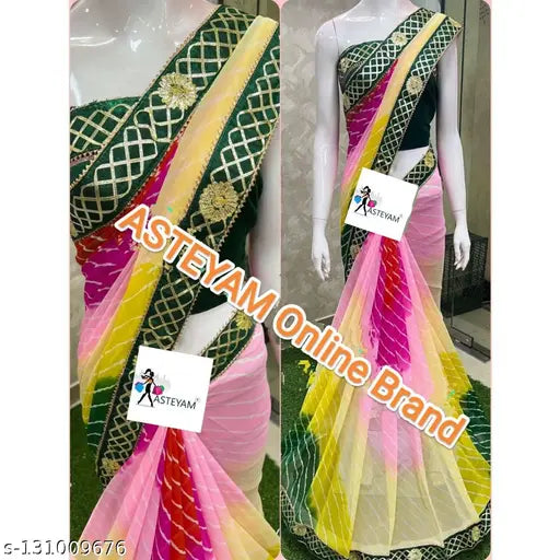 AS FABRICS New Collection Traditional Colour Georgette Saree All Over Laheria Full Finish Substituted Boutique Look