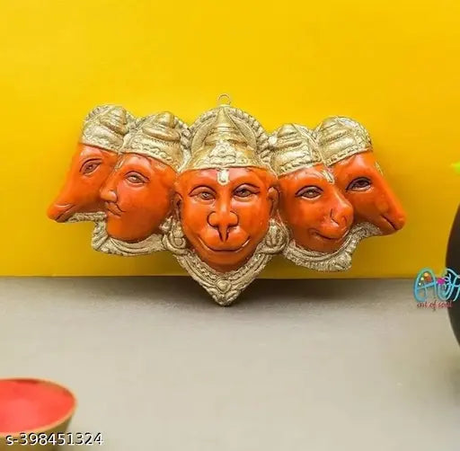 Orange resin Panchmukhi Hanuman Ji statue, intricate detailing, sacred pooja showpiece