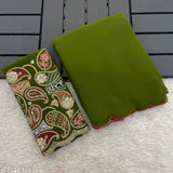 Green and gold paisley fabric pouch, possibly satin, with floral embroidery