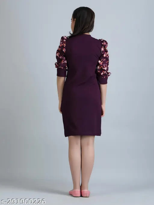 Purple cotton blend high neck dress, solid pattern for girls aged 7-14 years. Indian girl wearing purple frock