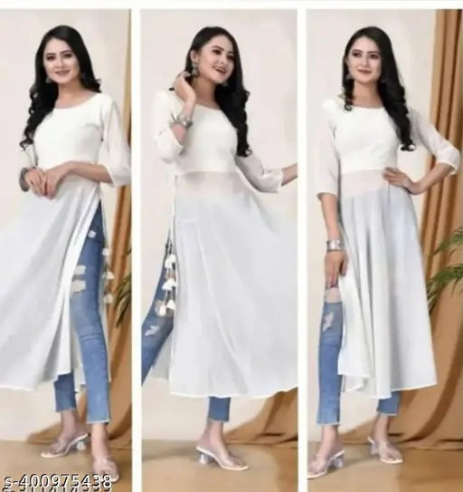 Georgette straight-cut Nyra kurti for women, long sleeves, solid pattern, size L (bust 40in), Indian origin