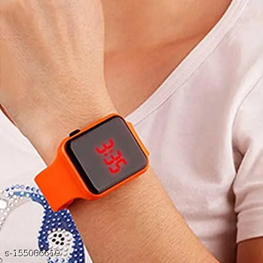 Black analog watch with white face, black hands, black strap. Branded LED display showing time as 3:15. Gift box packaging with a clear plastic window